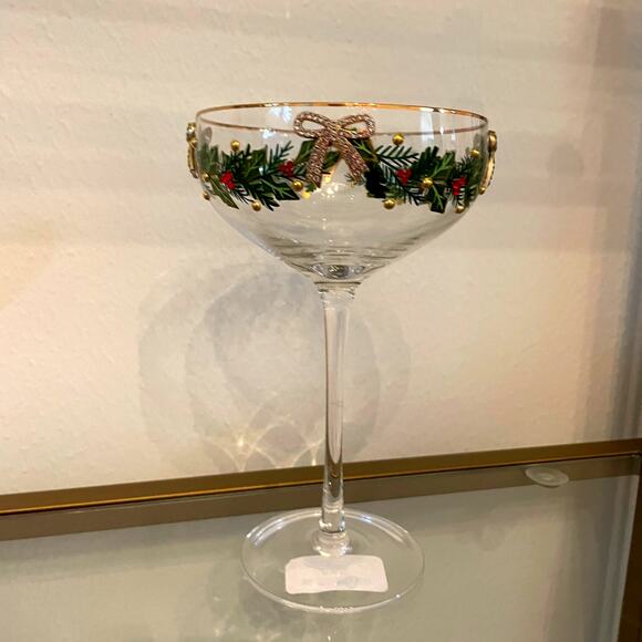 Christmas COUPE GLASSES Hand Painted & Jeweled Gold Bows Holly Garland Set of 2 - Picture 13 of 13